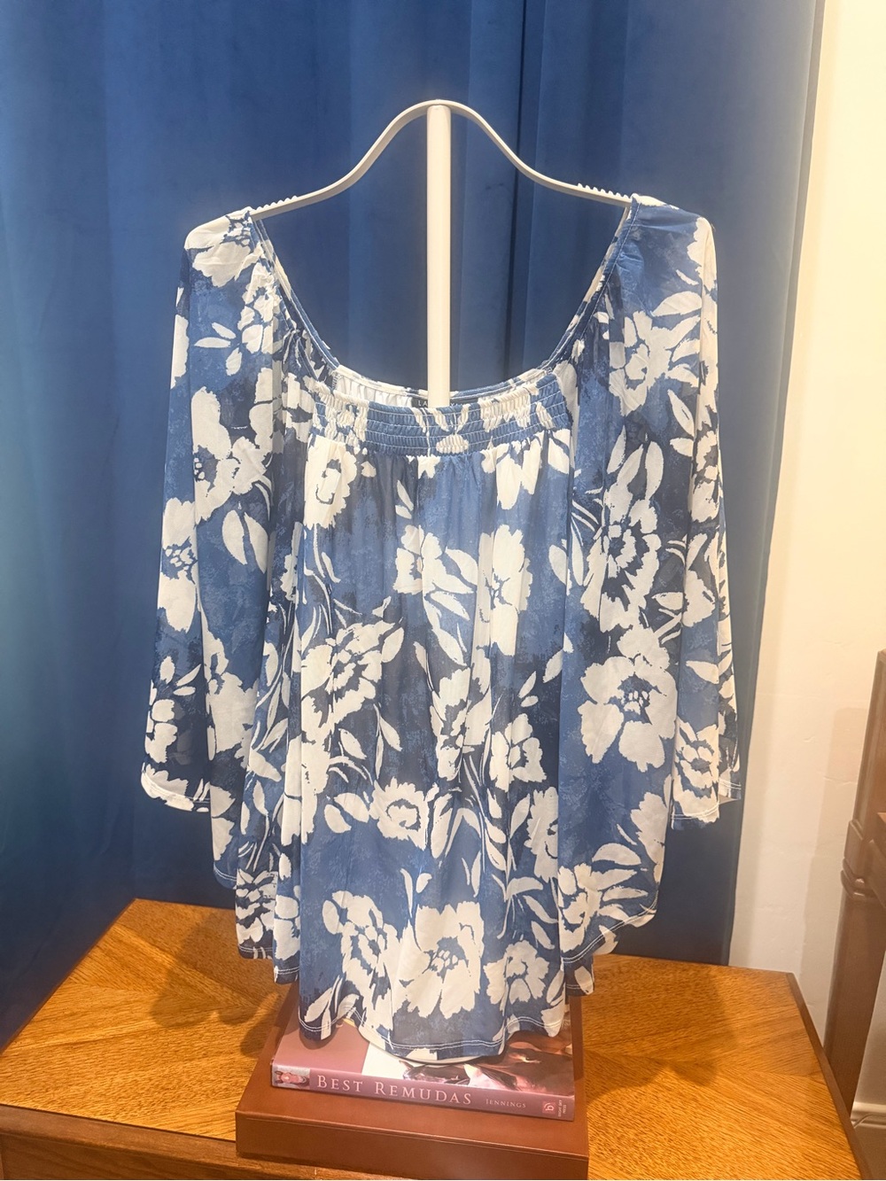 Lane Bryant Blue and White Floral Off-Shoulder Tunic